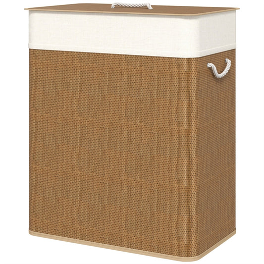 Double Laundry Basket With Lid, 26.4 Gallon Bamboo Laundry Hamper With Rope Handles And Removable Liner, Brown